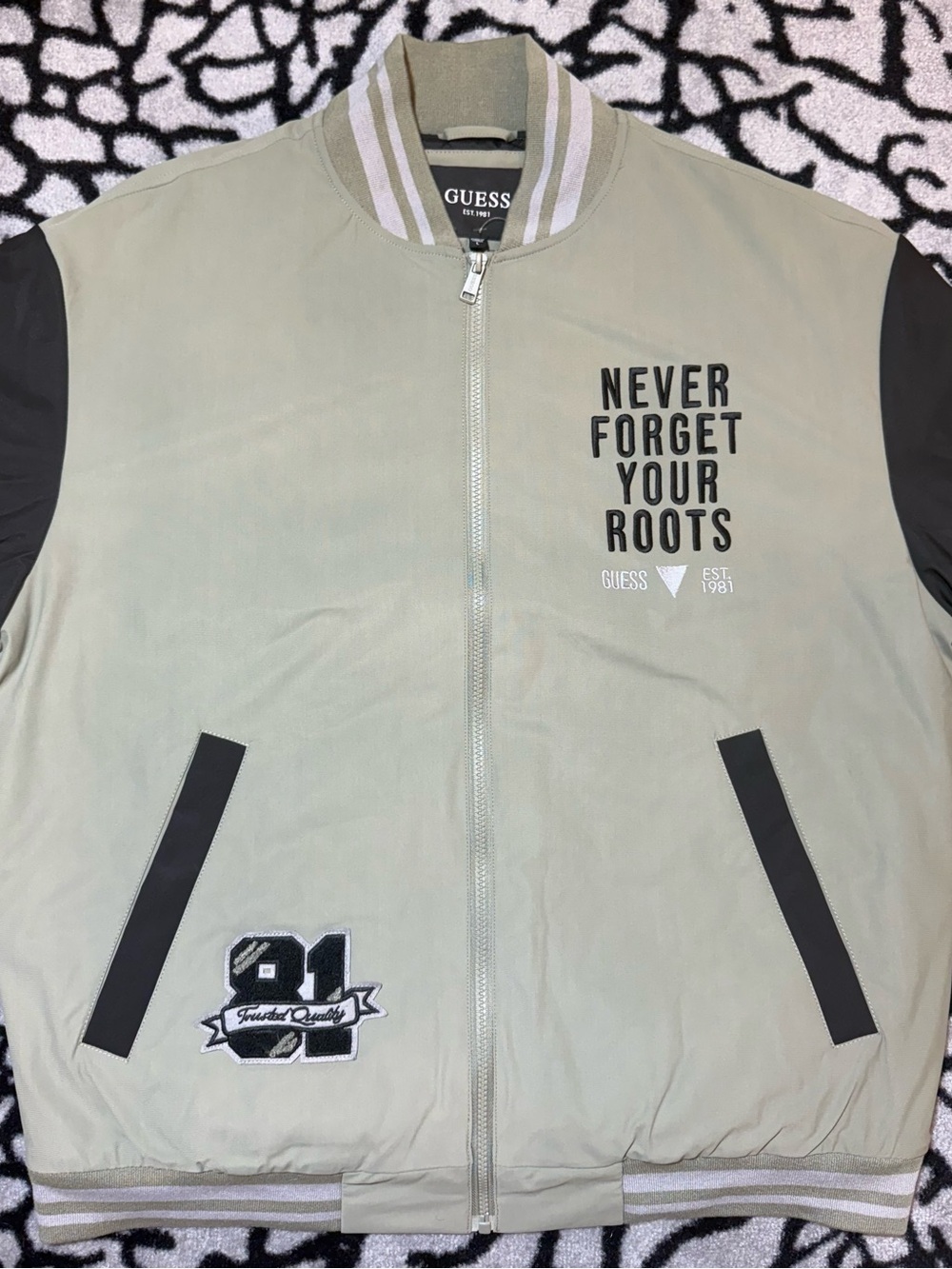 GUESS Sage Green Bomber Jacket with Black Sleeves